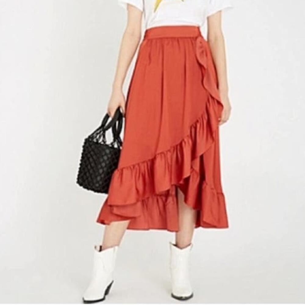 Elle Asymmetrical wrap effect ruffled midi skirt size medium